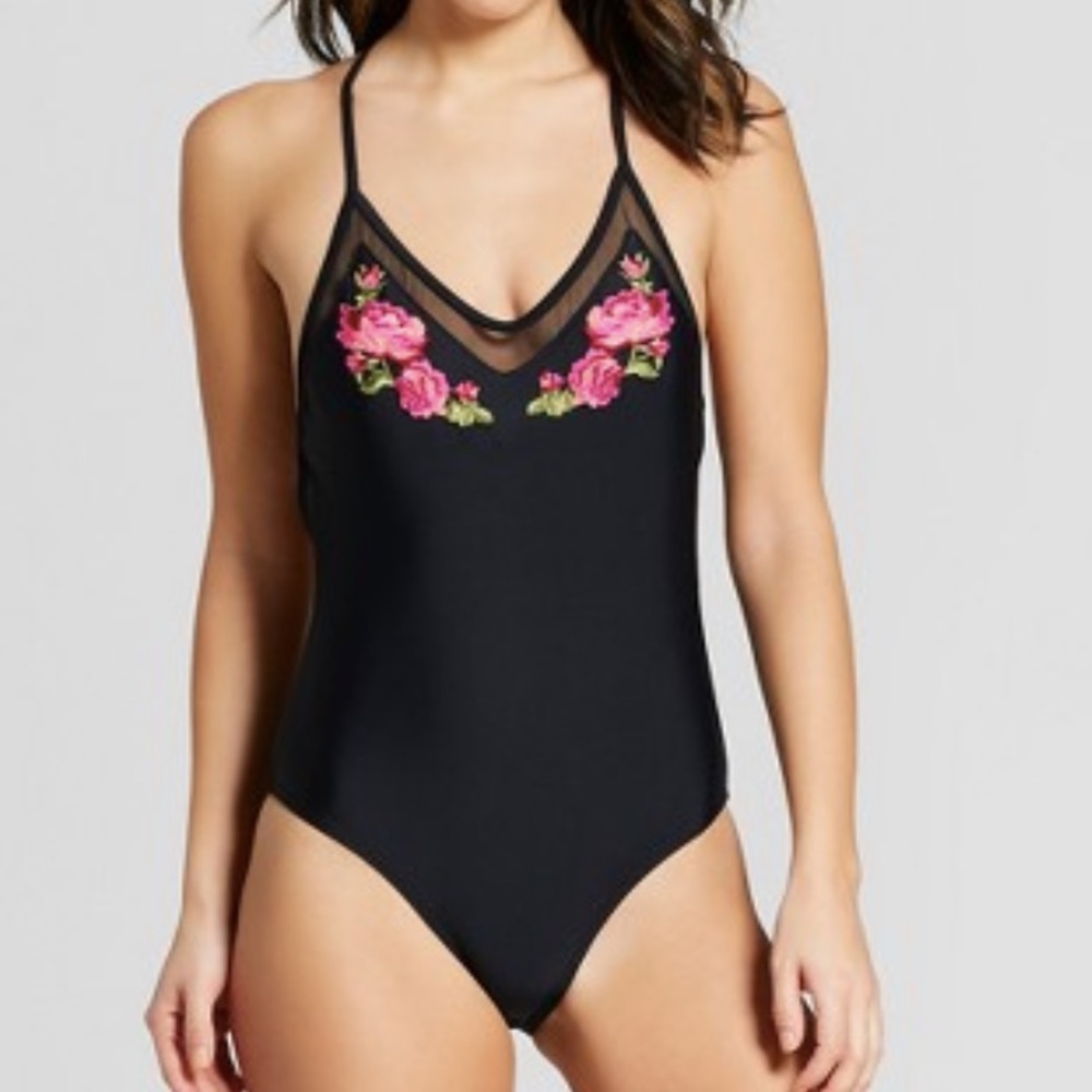 Embroidered Mesh one piece swimsuit